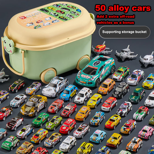 50 toy cars+2 monster trucks+1 container